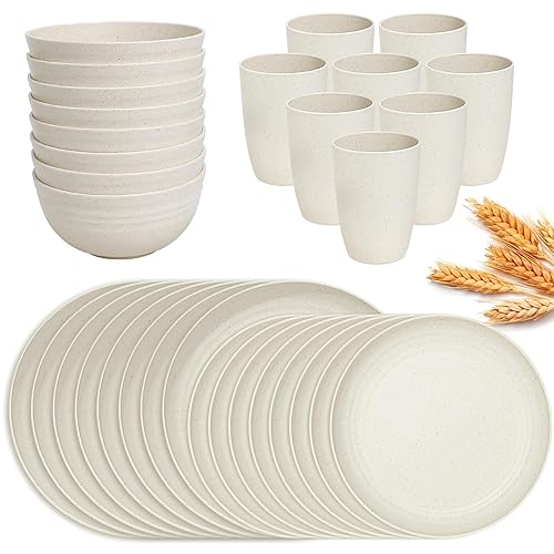 32Pcs Wheat Straw Dinnerware Sets, Camping Dishes Plates Cups