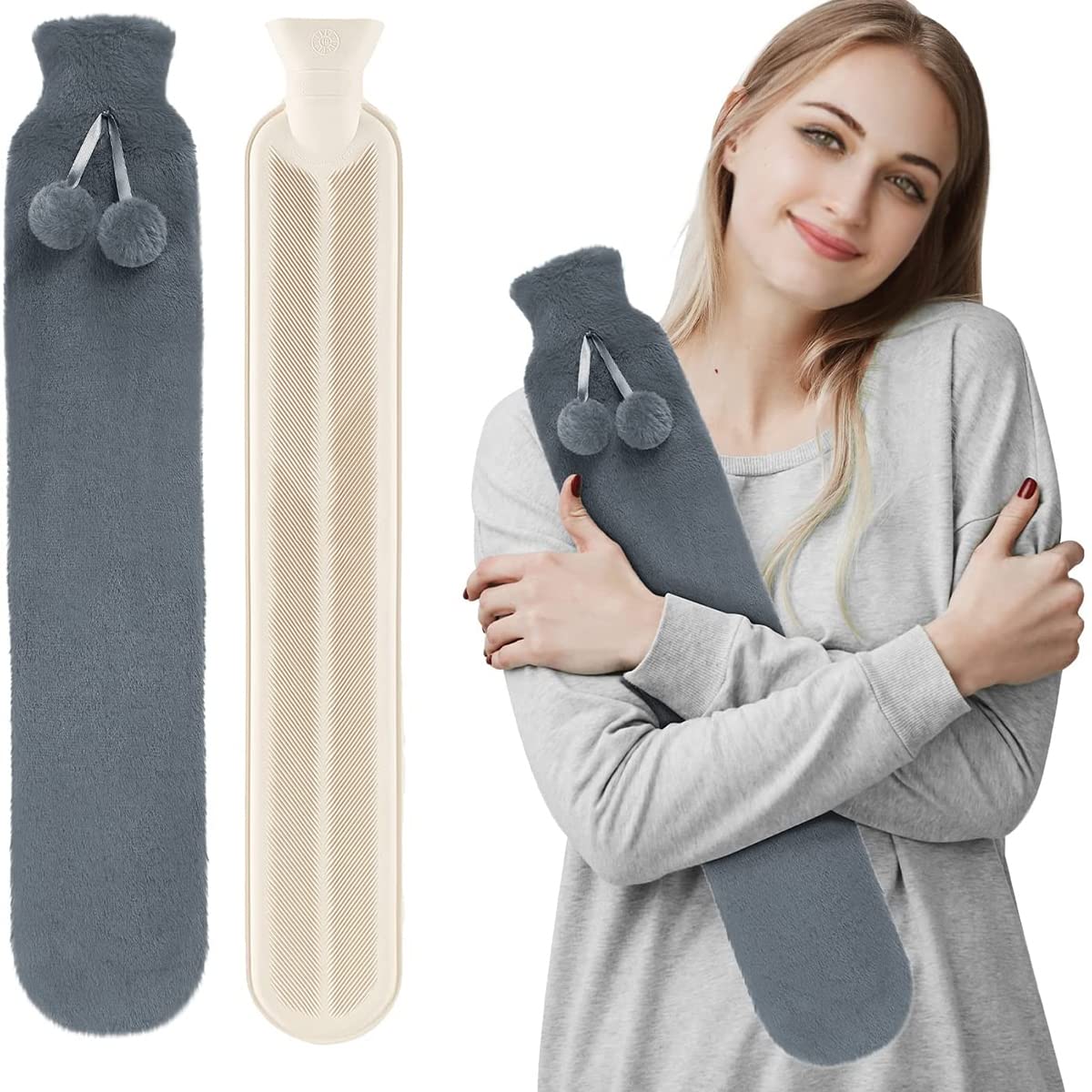 HILI Long Hot Water Bottle with Cover, 2L Fluffy Hot Water Bottle for Kids Men Women, with Soft Cover for Neck, Back, Shoulder and Legs, 28 inch Long Neck Hot Water Bottle(Gray)