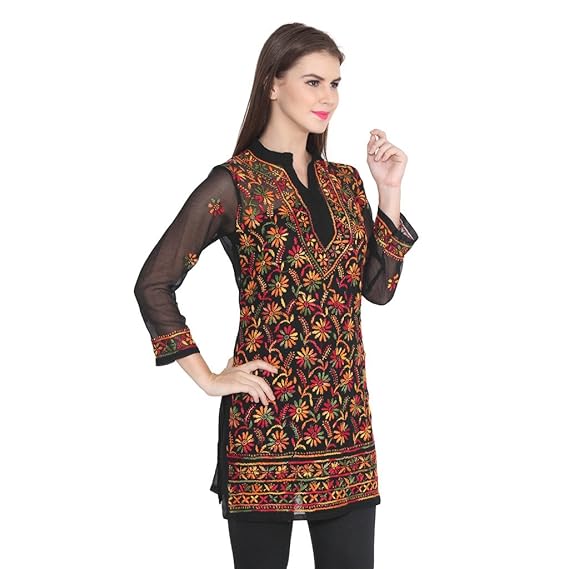 Lakhnawi Chikankari Georgette Kurta Kurti with fine multicolor Hand Embroidery all over on front