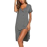 Ekouaer Women's Nightshirt Short Sleeve Button Down Nightgown V-Neck Sleepwear Pajama Dress