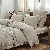 Simple&amp;Opulence 100% French Linen Duvet Cover Set with Embroidered,3 Pcs Washed Soft Farmhouse Bedding Set with Button Closure,1 Comforter Cover and 2 Pillowshams(King,Natural Linen)