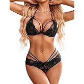 BIGFOX Lingerie Sets for Women Sexy Lace Underwear and Bras 2 Piece Babydoll Bra and Panty Wireless Bralette Low Rise Thong