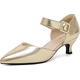 RIBONGZ Comfortable Kitten Heels for Women Pointed Closed Toe Ankle Strap Buckle Heels Slip on Low Heel Church Pumps Wedding Bridal Party Dressy Shoes