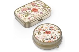 HION Pill Organizer Pill Box with Mirror Retro Small Pill Case for Purse or Pocket Bronze Pill Box or Vitamins, Fish Oil, Supplements, Pill Containe Travel Gifts（2PCS-Retro Red Flowers）