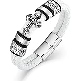 Raymard Mens Christian Cross Double Row Leather Bracelet, Religious Braided Cuff Bracelet for Men