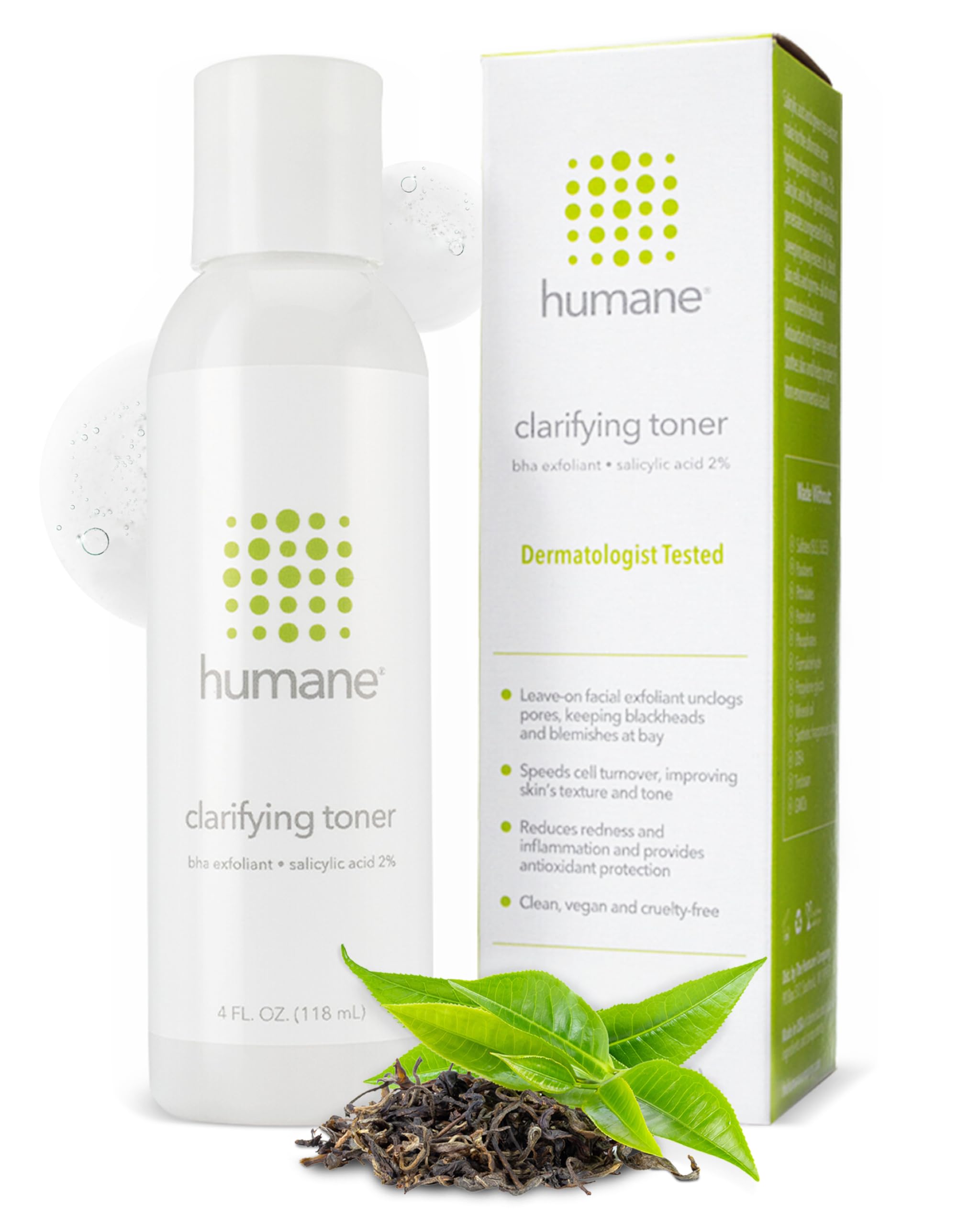 Humane Clarifying Toner for Face - 2% BHA Liquid Salicylic Acid - Pore Minimizer and Face Exfoliator - Gentle for All Skin Types - Removes Excess Oil, Dead Skin Cells, and Grime - 4 Ounce