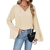 OPOIPIN Women's Ruched Tie V Neck Flounce Long Sleeve Casual Shirt Blouse Top