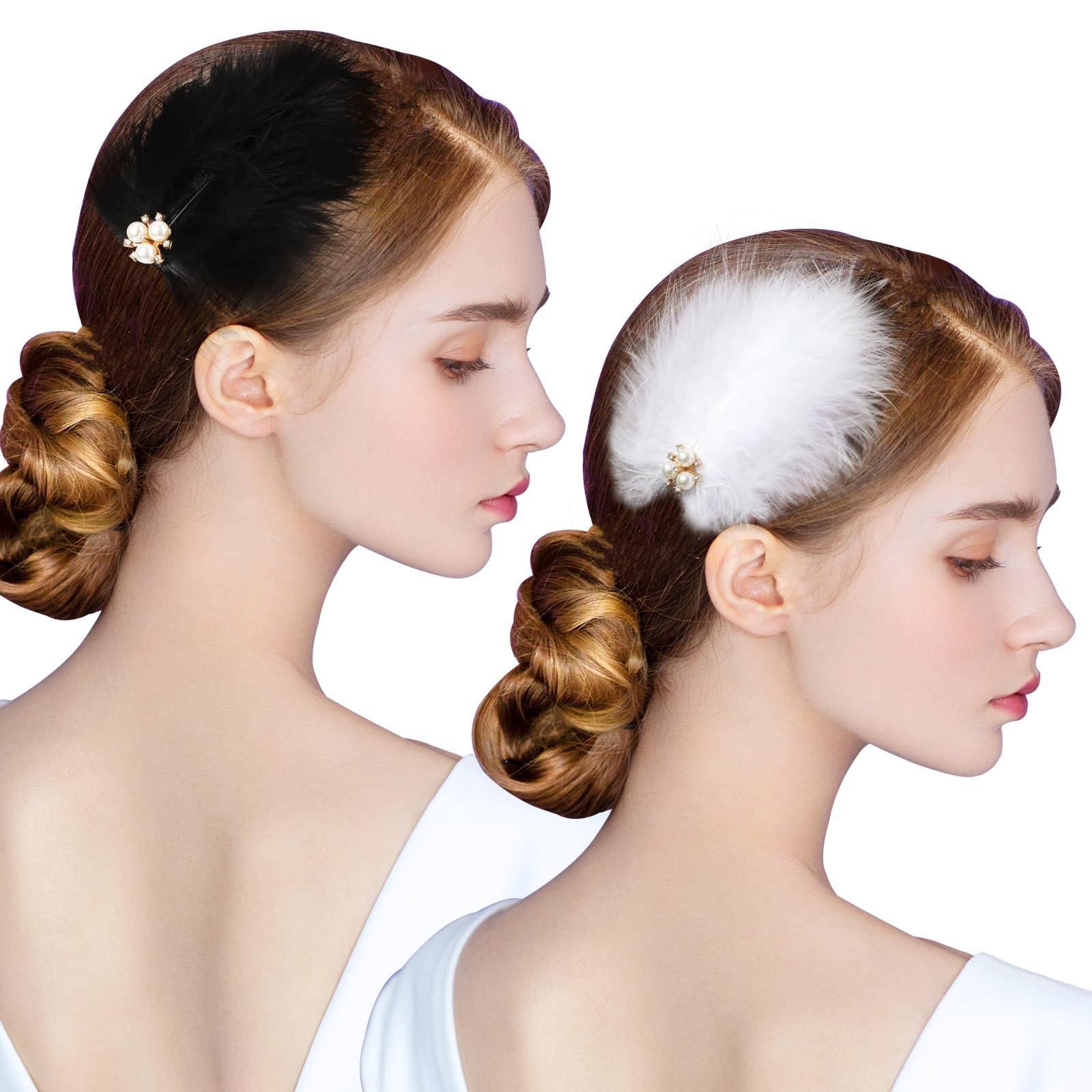 MWOOT 2Pcs White Black Feather Hair Clips, Feather Fascinators for Women Girls, Roaring 20s Rhinestones Pearl Headpiece for Wedding Prom Festival Tea Party, 1920S Theme Hair Accessories