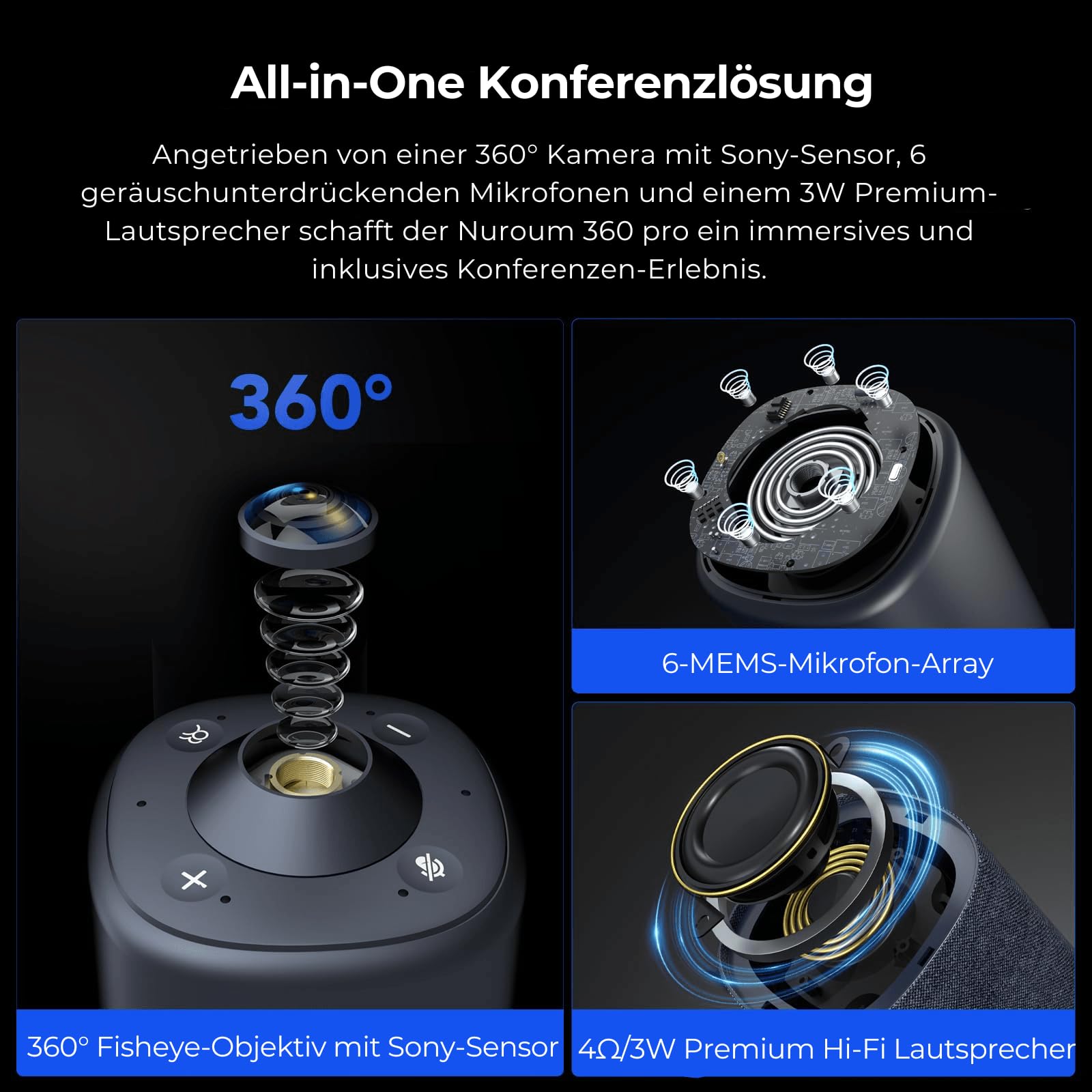 NUROUM 360 Pro Kamera für Videokonferenzen, 3 AI Modi, Intelligente Rauschunterdrückung & AGC, Webcam mit Mikrofon und Lautsprecher für Zoom/Teams/GoogleMeet auf PC/Laptop/Desktop 7