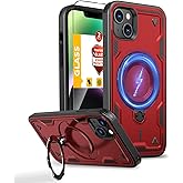 THBONRA for iPhone 14 Plus Case Magnetic,for iPhone 15 Plus Case Compatible with MagSafe,with 2 Screen Protectors,Built-in Stand Ring,Phone Heavy Duty Protection Military Grade Shockproof Rugged Red