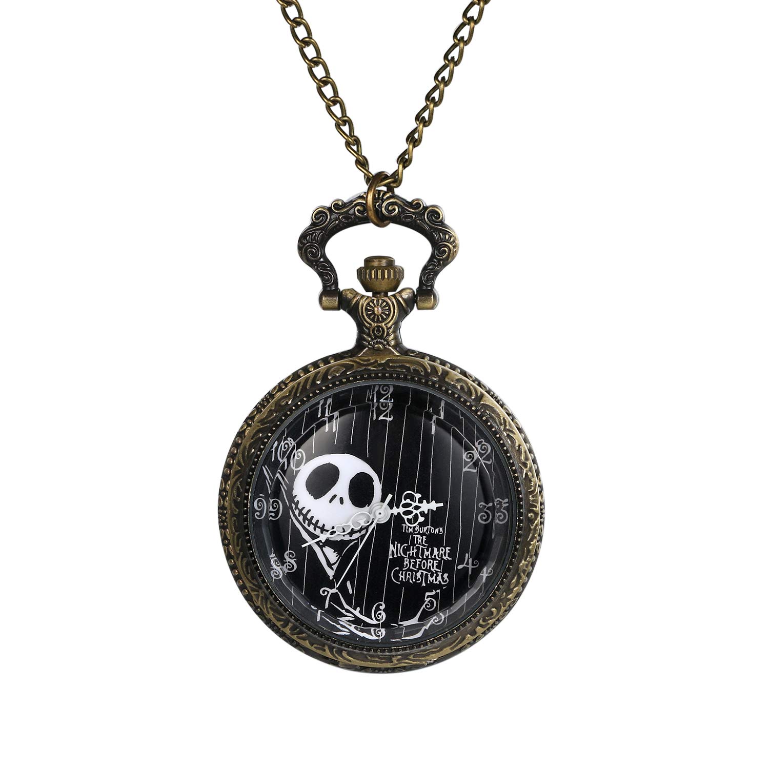JewelryWe Nightmare Before Christmas Pocket Watch Men Women Antique Pocket Watch with Chain Black Necklace Watch for Xmas