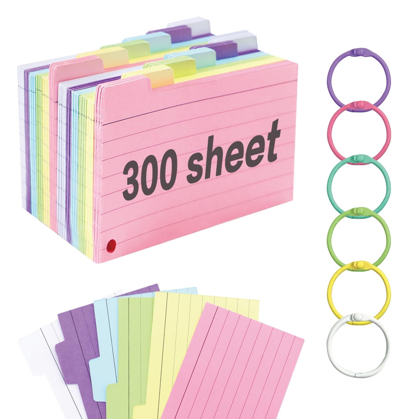 300PCS Flash Cards,Revision Cards Flashcards Index Cards with Binder Ring，Revision Flash Cards 3.3 * 4.9Inch,Flash Cards Revision for Studying 、School Office、Home（6 Colour）