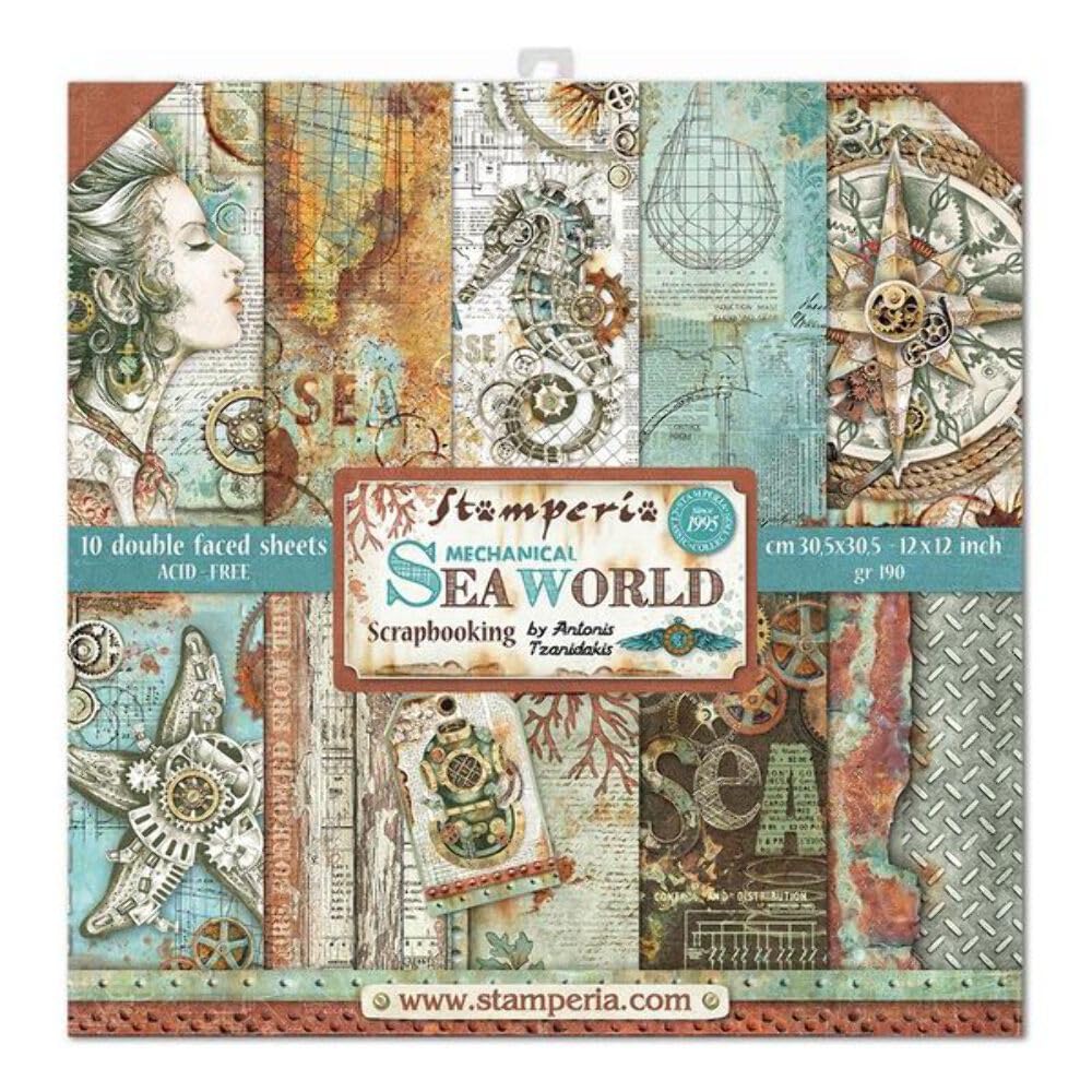 STAMPERIA Paper Pad 10 Sheets 30.5 x 30.5 (12" x 12") Double Sided Sea World, Multi-Colour