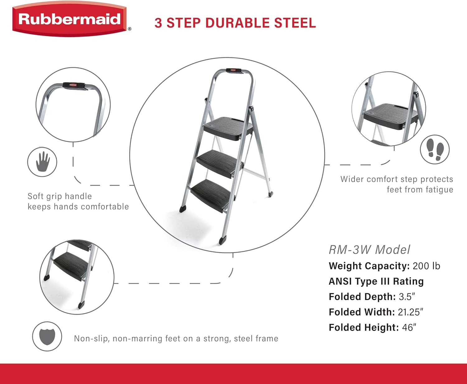 Rubbermaid RM-3W Folding 3-Step Steel Frame Stool with Hand Grip and Plastic Steps, 200-Pound Capacity, Silver Finish ( Exclusive): Home Improvement