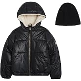 Jessica Simpson Girls' Puffer Jacket with Cozy Lined Hood and Matching Beanie