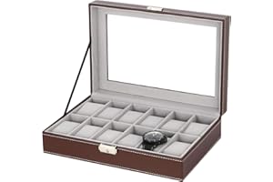 LIANTRAL Watch Box, 12-Slot Leather Watch Case Organizer Watch Holder for Men, Glass Top (Brown)