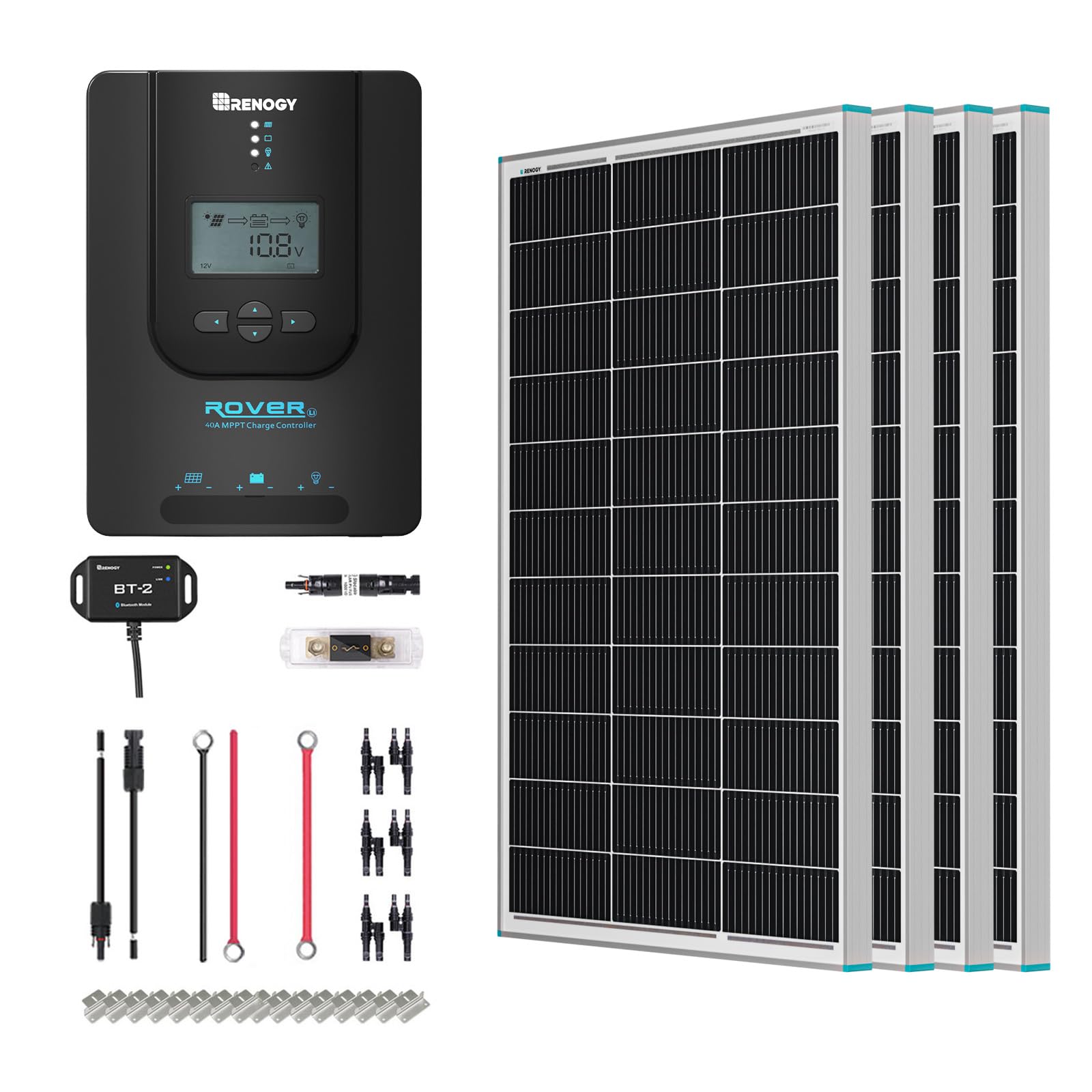 Photo 1 of ?New Version? Renogy Premium 400 Watt 12 Volt Solar Kit 4 Pcs 100W Panel+40A MPPT Charge Controller+ Bluetooth Module Fuse+ Mounting Z Brackets+Adaptor Kit +Tray Cables Set for RV Cabin and More