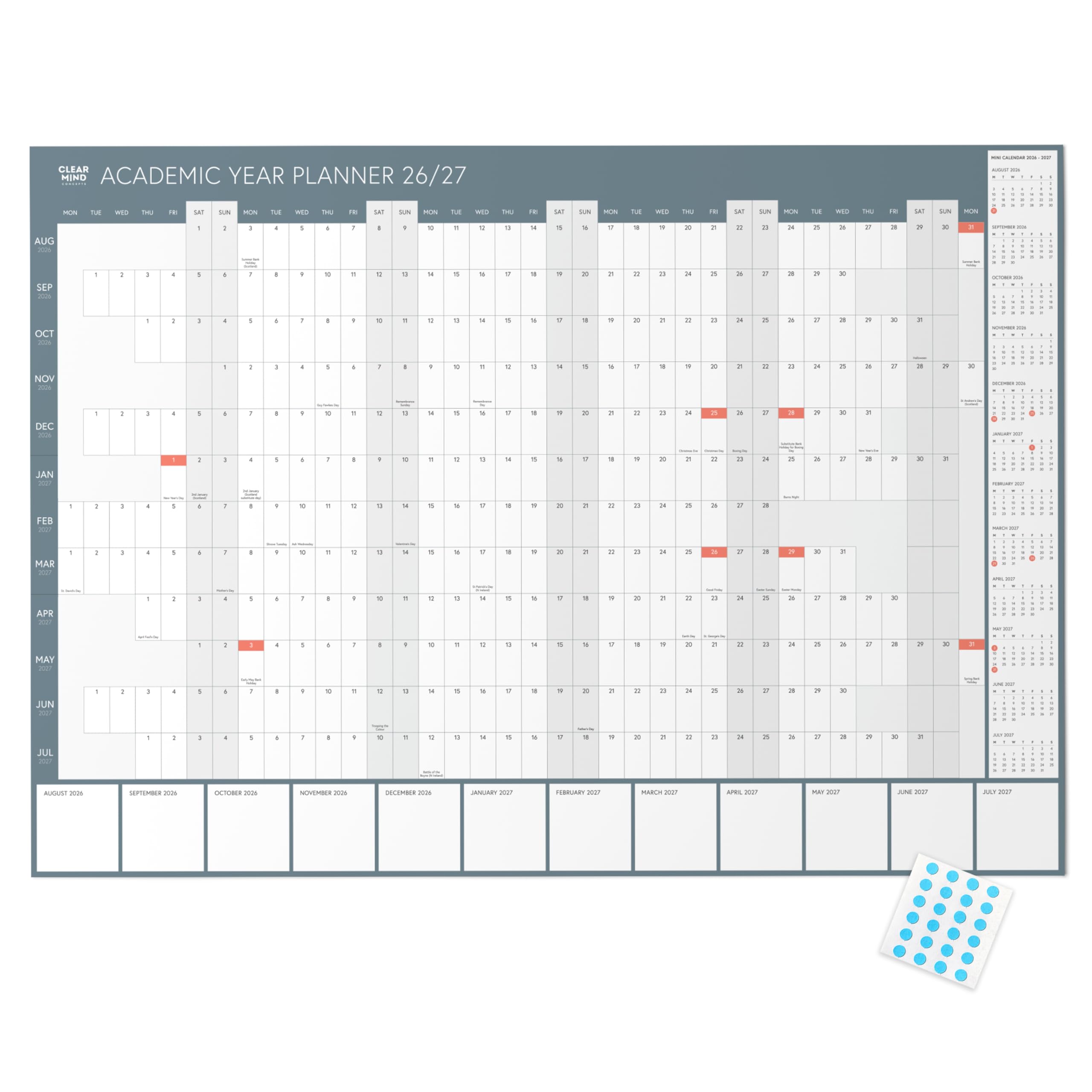 Clear Mind Concepts® A1 Academic Wall Planner 2026-2027 Folded to A4 Large Academic Year Calendar Aug-Jul Student Study Planner with Notes Section