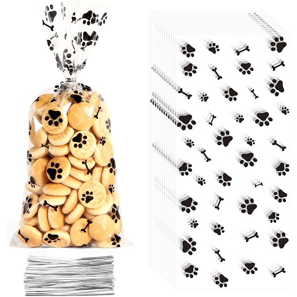 thumbnail image 2 of Boao 100 Pieces Dog Paw Bone Print Treat Bags Puppy Dogs Cellophane Bags Candy Gift Bags With 2 Rolls Ribbon Ties For Pet Treat Party Favor (Dog Pattern Style 2 of 12