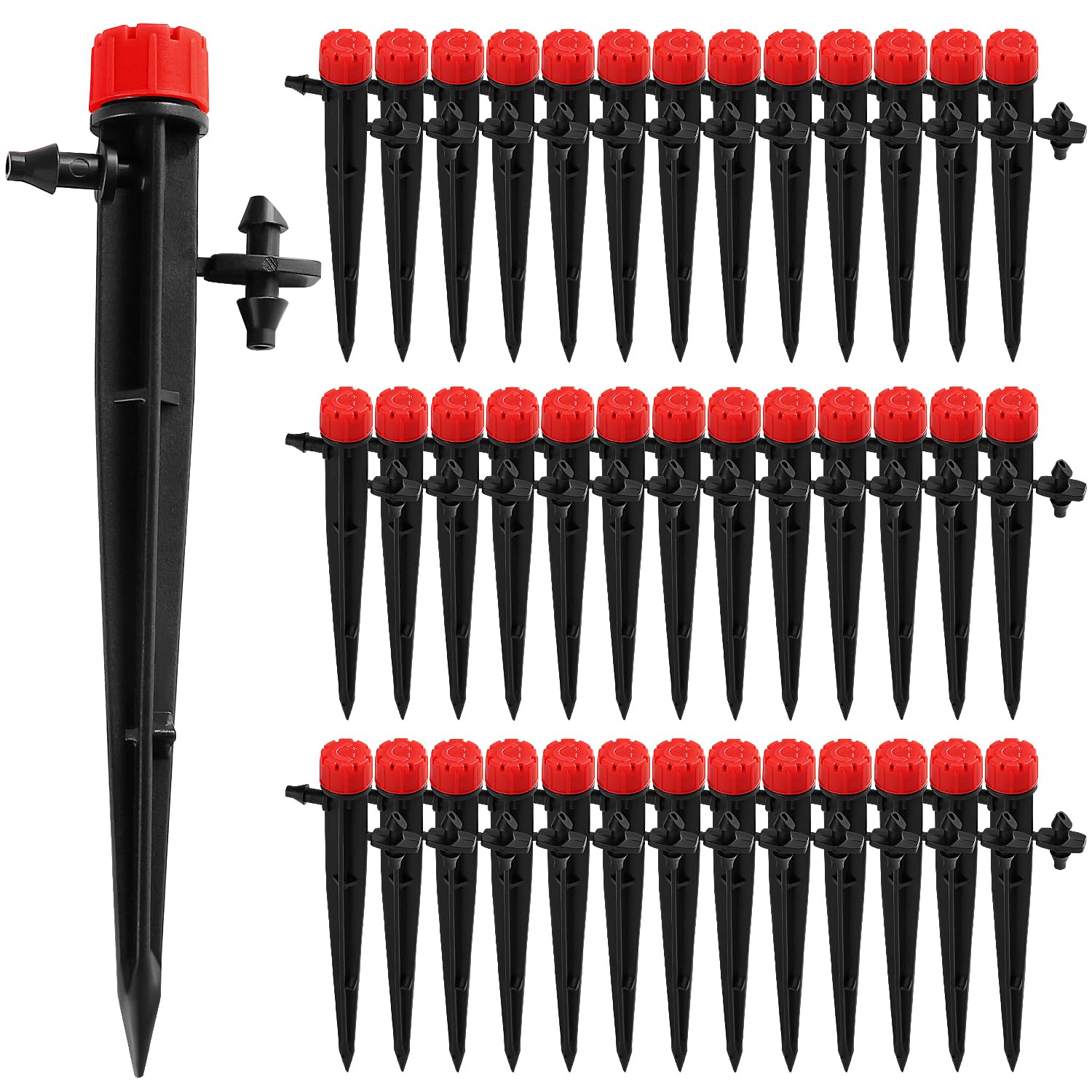 VooGenzek 40 PCS 360 Degree Adjustable Irrigation Dripper Sprinkler, Micro 8-Hole Stake Emitter Dripper for 4/7 mm Garden Hose Irrigation System, Water Flow Stake Emitter, Red (with Connector)