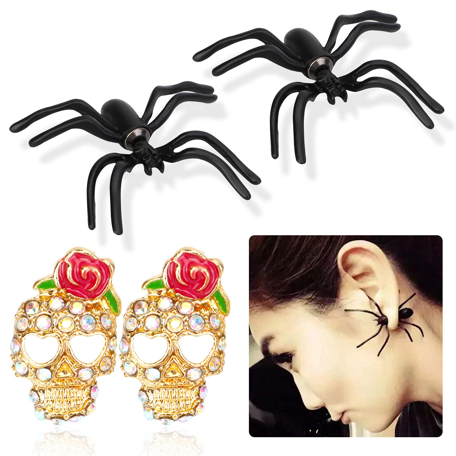 HOWAF 2 Pairs Spider Earrings Studs Sugar Skull Earrings Studs Rose Flower Skull, Novelty Halloween Earrings for Women Girls Halloween Jewellery Gift, Carnival Parade Fancy Costume Party Accessories