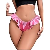 OYOANGLE Women's Silk Stain Ruffle Trim Thong Panties Low Rise No Show Underwear