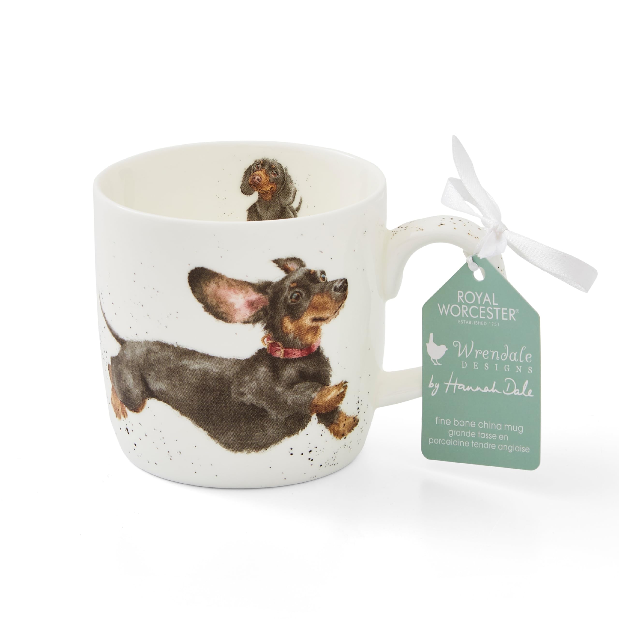 Royal Worcester x Wrendale Designs 'That Friday Feeling' Coffee Mug - Fine Bone China White Mug with Handle, Microwave Safe and Durable, Featuring a Cute Dachshund Design by Artist Hannah Dale, 310ml