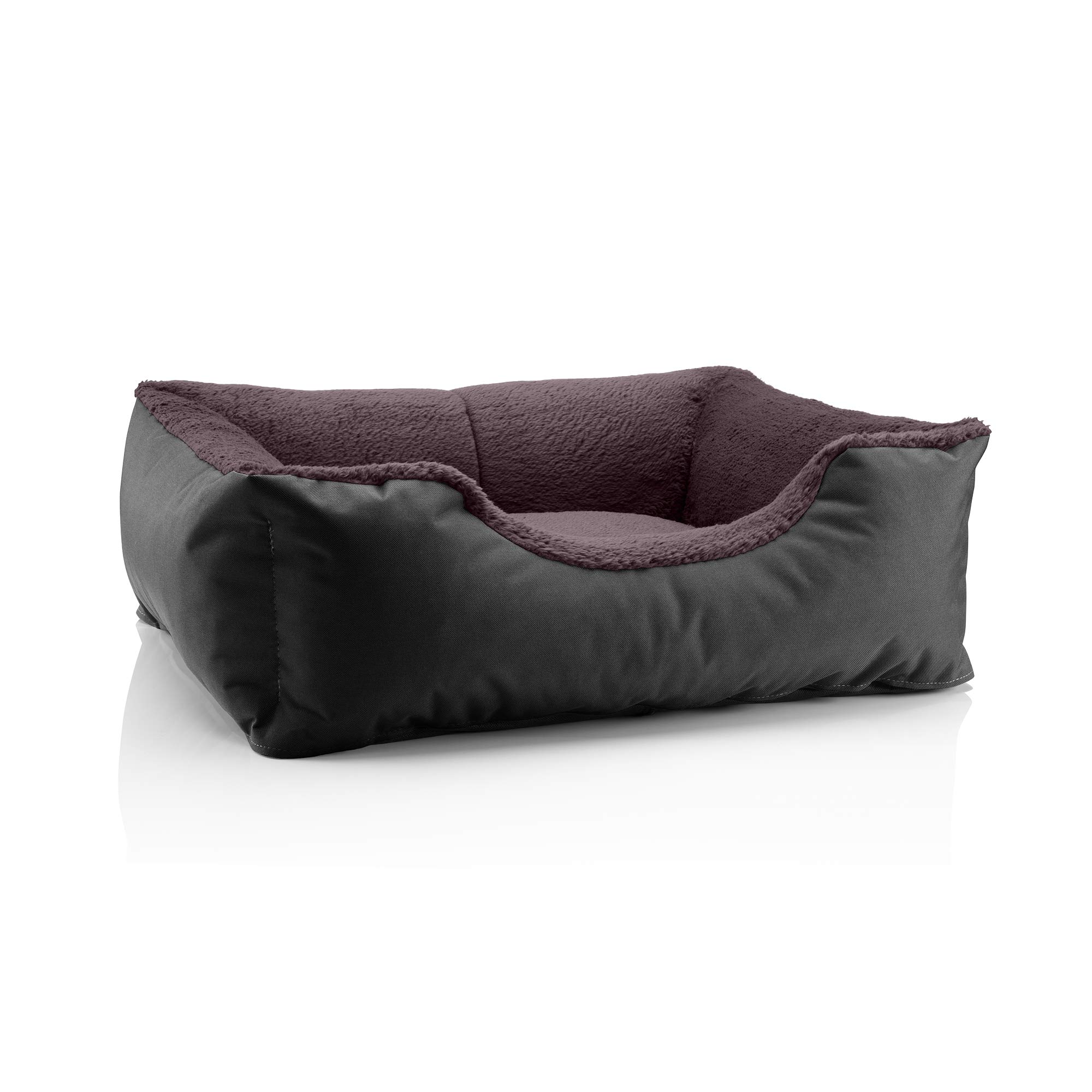 BedDog® Teddy Dog Bed, Dog Sofa Made of Cordura and Microfibre Velour, Washable Dog Bed with Edge, Dog Cushion, Square, for Indoor, Outdoor, Size M, Black/Brown