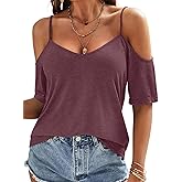 Eachyes Womens Summer Cold Shoulder Tops Low Back Short Sleeve V Neck T Shirts Sexy Casual