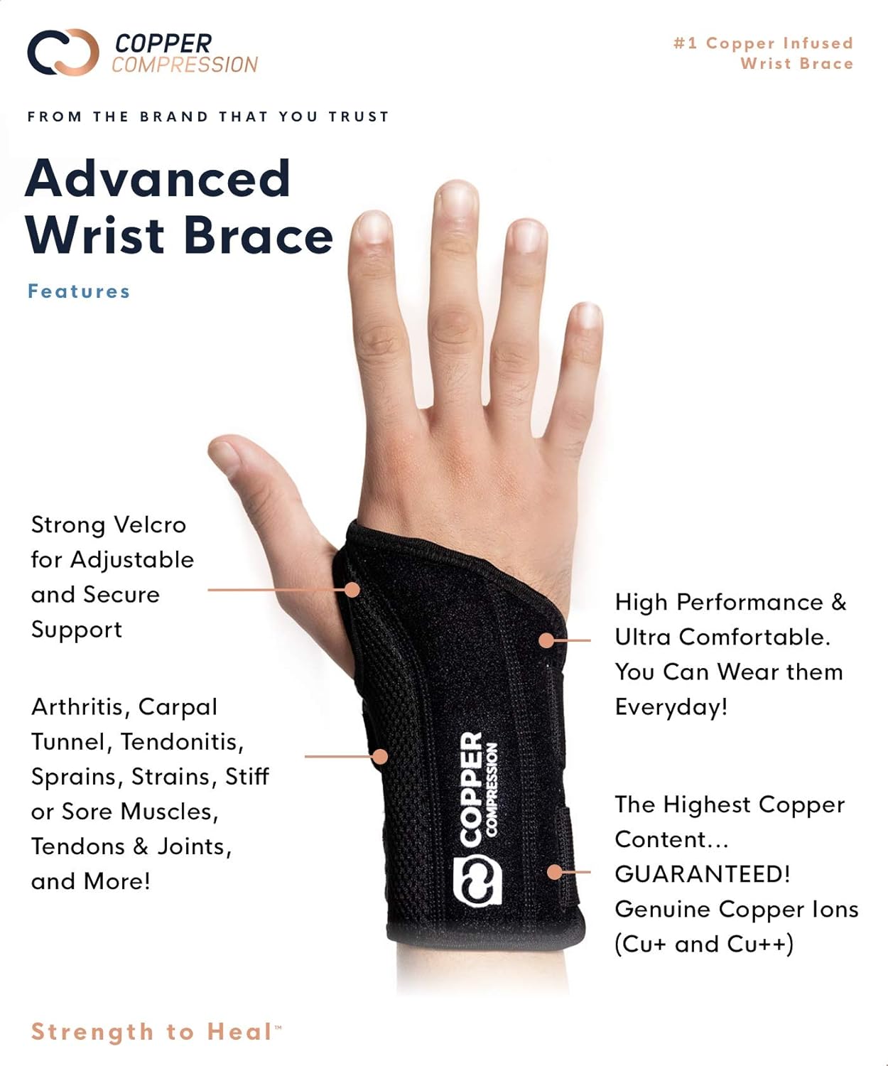 Copper Compression Wrist Brace - Guaranteed Highest Copper Content Support for Wrists, Carpal Tunnel, Arthritis, Tendonitis. Night Day Wrist Splint for Men Women Fit Right Left Hand (Left Hand L-XL): Health & Personal Care