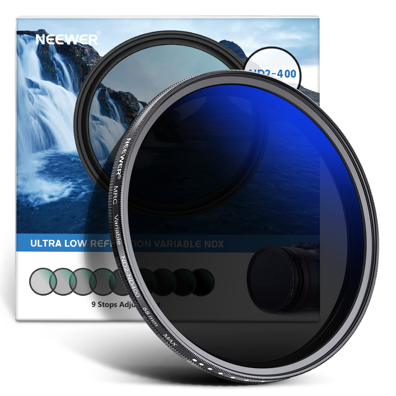 NEEWER 55mm MRC Variable ND Filter ND2-ND400, Neutral Density Adjustable ND Filter (0.3 to 2.7,1 to 9 Stops), Multi Layer Coated Optical Glass, Water Repellent & Scratch Resistant Ultra Slim Filter