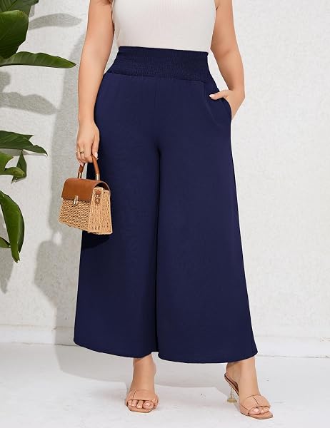 SHOPWONDER PLUS SIZE CASUAL PANTS FOR WOMEN ELASTIC HIGH WAIST TROUSERS WIDE LEG COMFY LOUNGE BOHO SUMMER PANTS WITH POCKETS NAVY BLUE XL