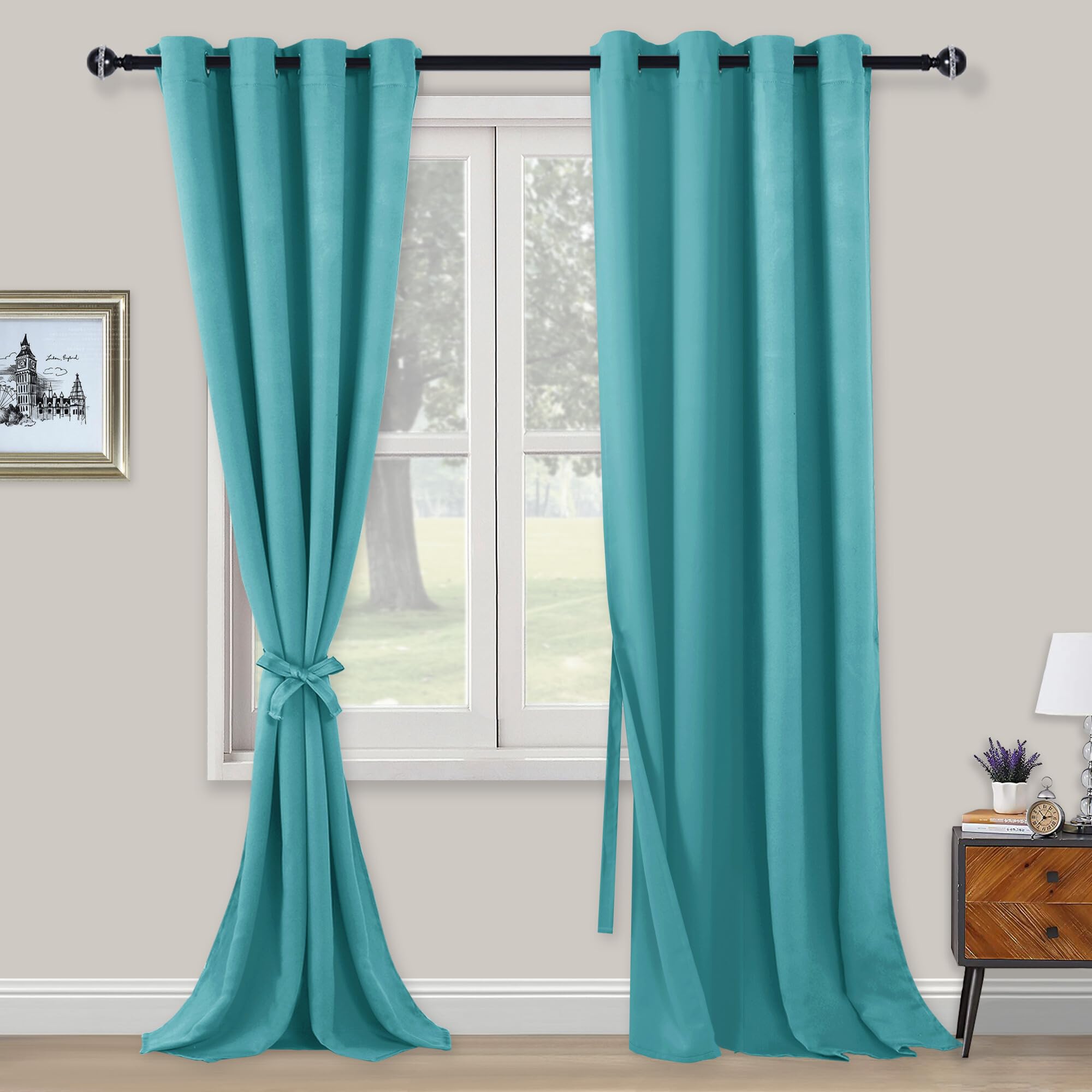 XWZO Blackout Curtains Shades Window Curtain Panels with Tiebacks- Noise Reduction and Thermal Insulated Eyelet Curtains for Bedroom,Living Room,Office,Study Room Turquoise W55xL96
