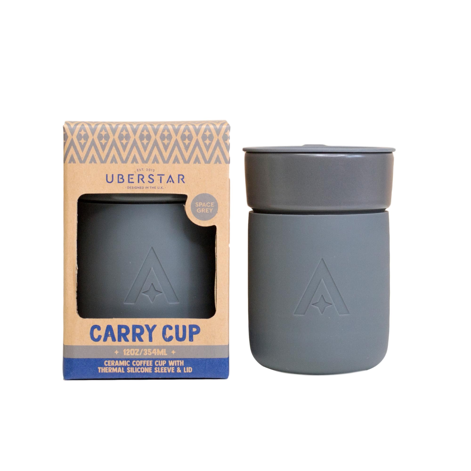 EST 2012 UBERSTAR BARWARE & GIFTS Carry Space Grey Ceramic Coffee Cup Insulated Thermal Silicone Lid 350ml