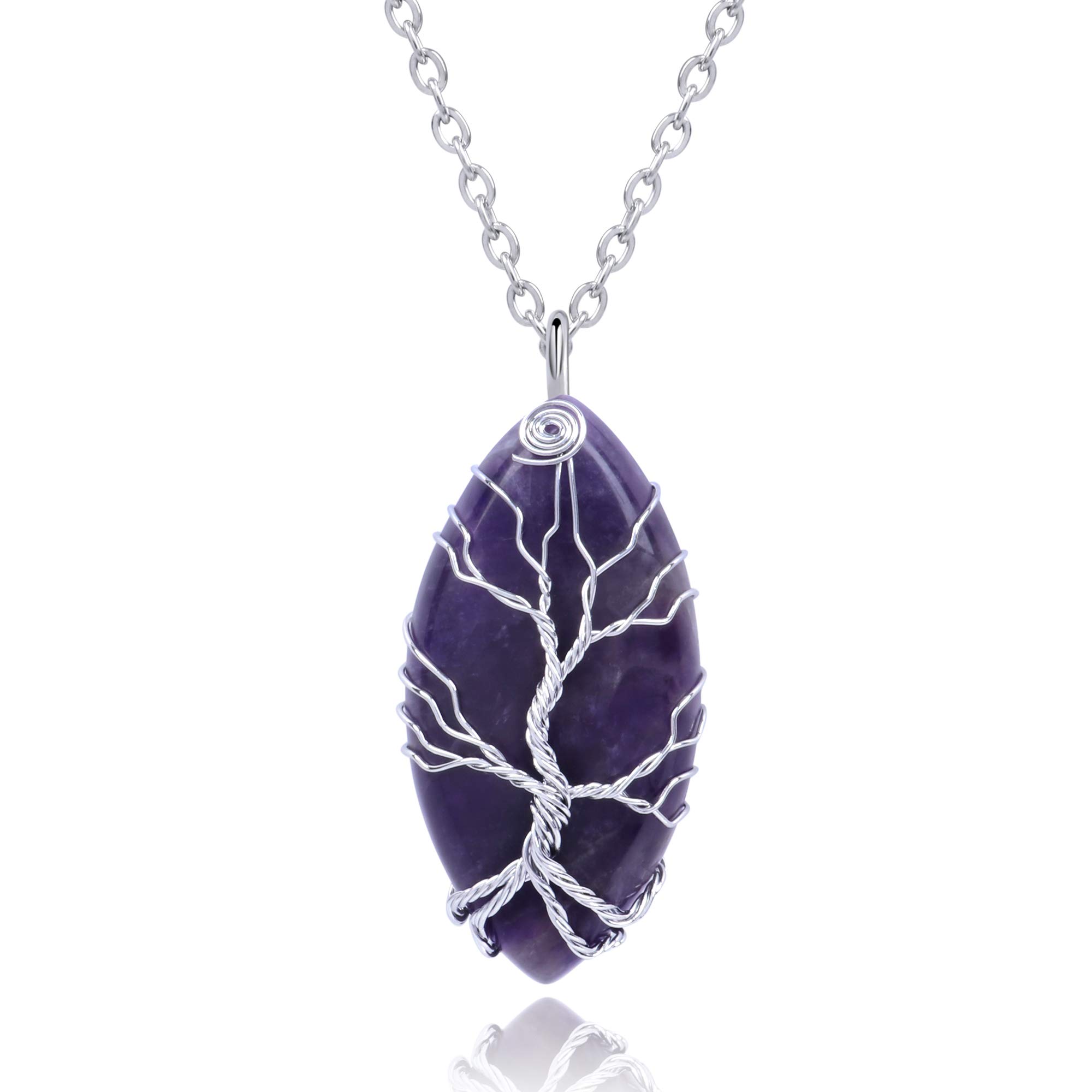 Thajaling Vintage Amethyst Reiki Healing Crystal Pendant Necklace Silver Tree of Life Wire Wrapped Purple Stone Gemstone Chakra Necklace