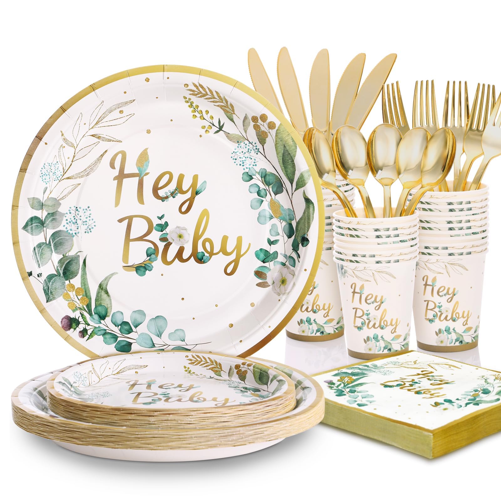 Photo 1 of LOOWVY 168PCS Sage Green Baby Shower Decorations, Hey Baby Party Plates and Napkins Sets, Green Leaf Paper Plates for Boho Jungle Safari Theme Neutral Party Supplies, Serve 24