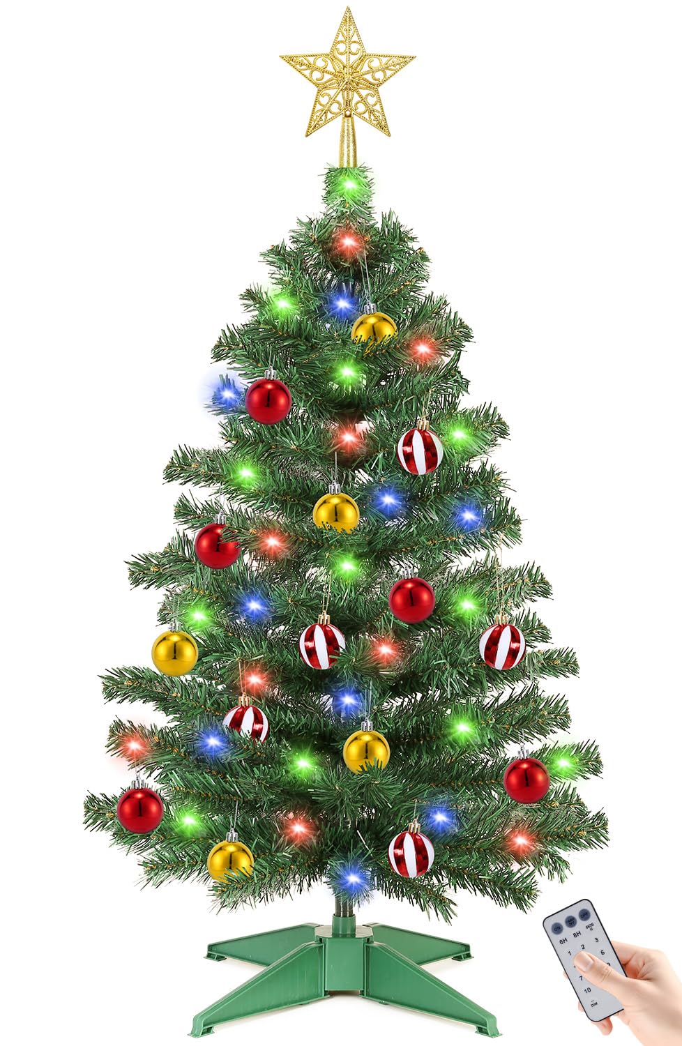Photo 1 of [ Remote Control & 12 Modes ] 3 Ft Christmas Tree with Timer 50 Warm White & Multi Color Lights, 15 DIY Ornaments 3D Star Topper - Artificial Small Green Christmas Tree for Home Indoor Tables - Green