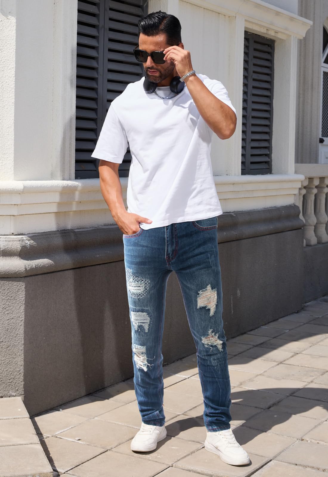 Gulots Men's Ripped Jeans Classic Comfort Regular Fit Basic Denim Pants for Men Casual Slim Fit Skinny Jean with Pockets 30 Ripped Blue