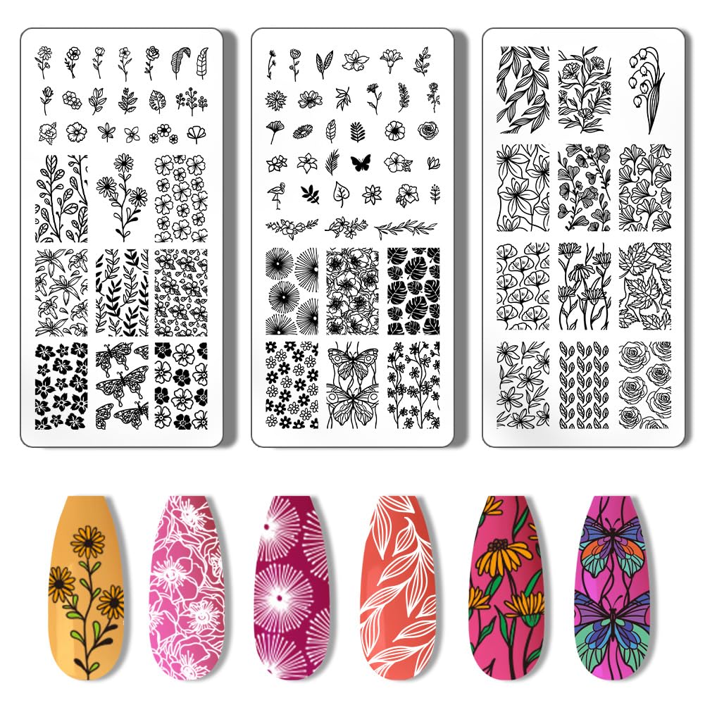 PH PandaHall 3pcs Flower Nail Stamping Plate Leaf Nail Stamper Spring Nail Stencils Tip Nail Stamp Tool Print Nail Stencils Stainless Steel Nail Image Plates for Nail Art Design Manicure Salon