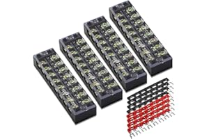 MILAPEAK Terminal Block and Strip - 4 pcs 8 Positions 600V 25A Dual Row Screw Terminals Strip with Cover + 8 pcs 400V 25A 8 Positions Pre-Insulated Terminal Barrier Jumper Strips Black & Red