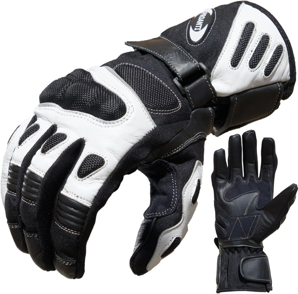 PROANTI® Motorcycle Gloves Leather & Textile Summer M to XXL, Black-and-White, Motorbike Gloves