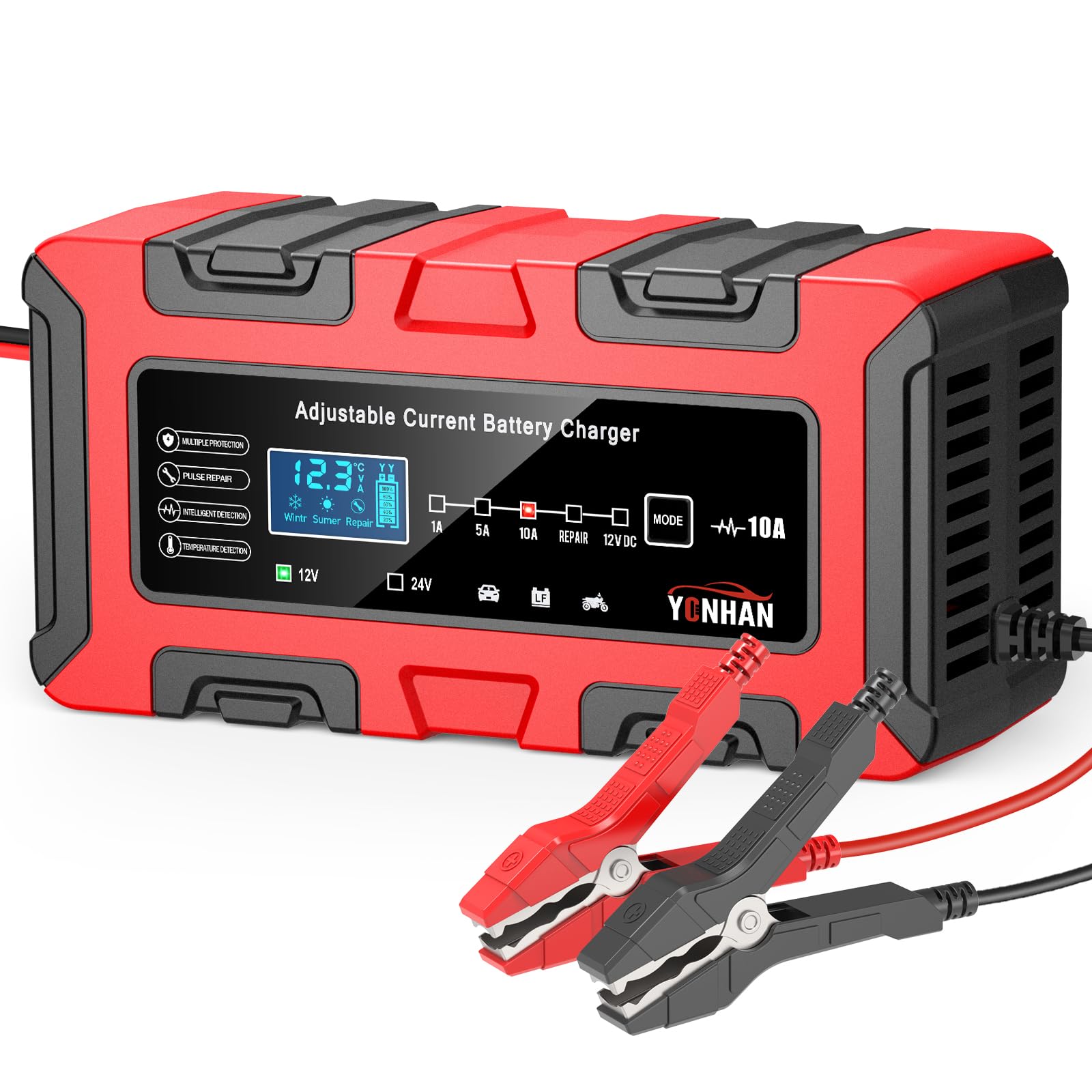 Photo 1 of YONHAN Battery Charger 1A/5A/10A 12V/24V Adjustable Current LiFePO4 Car Battery Charger, Battery Maintainer Automatic Trickle Charger, and Battery Desulfator with Temperature Compensation