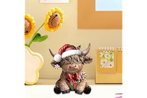 Christmas Highland Cow Figurines with Xmas Hat, Highland Cow Scottish Resin Statue Calf Lovers Gift for Home Garden Kitchen O