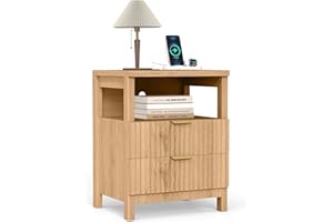 Real Relax Fluted Nightstand with Charging Station (2 Drawers) - Storage for Bedroom & Study, Small Home Side Table, Oak