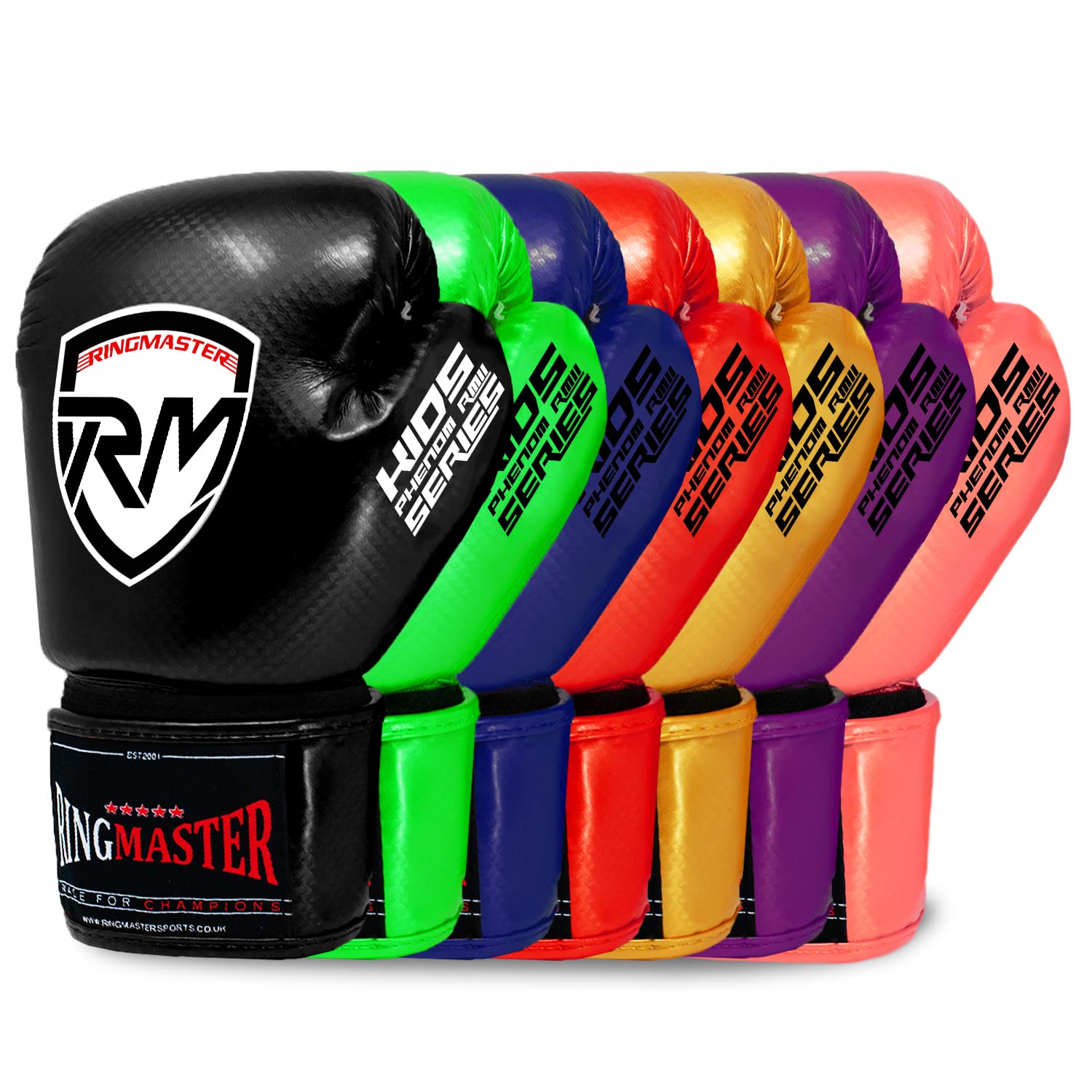 RingMaster Sports Kids Boxing Gloves Carbon Leather Training Sparring Punch Bag Mitt (Black, 2 oz)