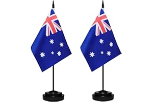 BCLIN Australia Desk Flag Set, 2 Pack Australian Table Office Flags, Small Mini Desktop Flag With 12" Solid Black Pole, Black Base, Miniature Desktop Flag