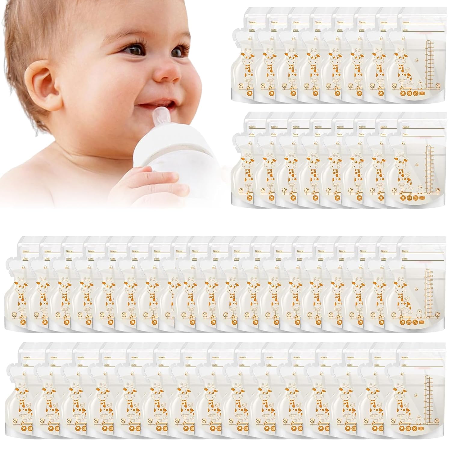 Breast Milk Storage Bags,Disposable Milk Storage Bags,50 Pcs Milk Freezer Storage Pouches, with Scale, Double Zipper Sealing Space Saving,for Breastfeeding, No-Leak Milk Freezer Storage Pouches,250ml