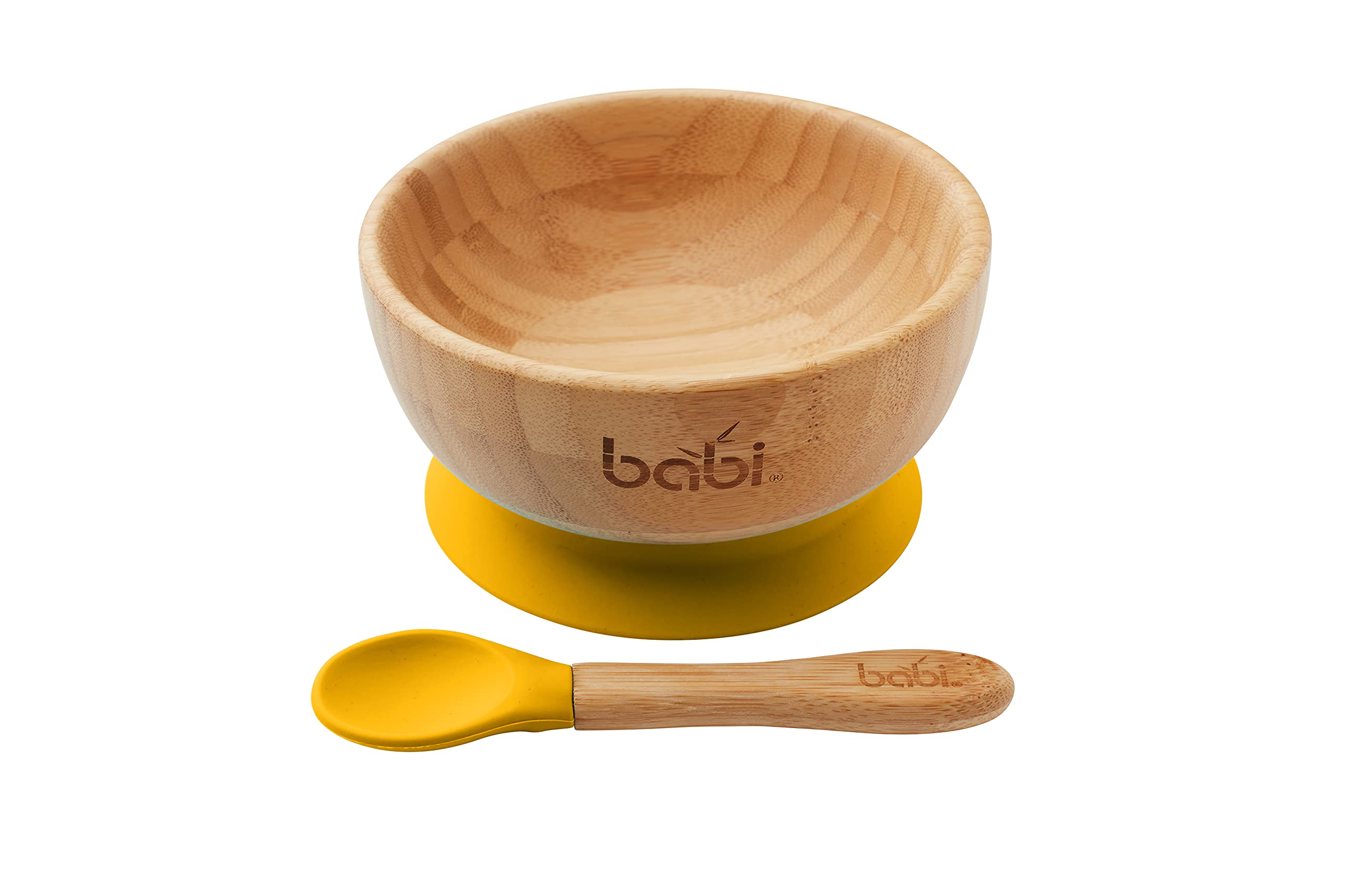 Babi® Baby Toddler Large Bowl & Matching Spoon Set, Natural Bamboo, with Stay Put Silicone Suction Ring (Yellow)