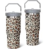 Queen Hero 30 oz Leopard Tumbler with Handle, Large Insulated Tumbler with Flip & Straw Coffee Mug Cup Stainless Steel Gifts for Women Men Youth