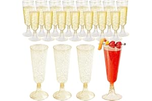 25 Pcs Plastic Champagne Flutes, Disposable Gold Glitter Champagne Glasses, 5oz Plastic Wine Glasses, Assemble Plastic Champa